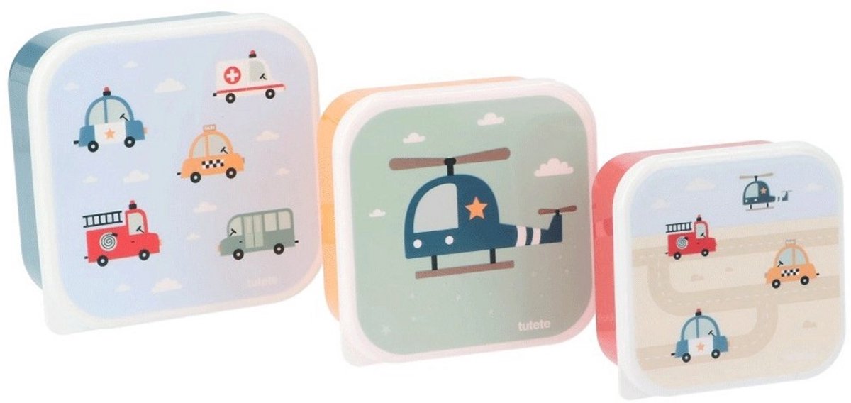 Tutete - snackboxjes set 3 stuks - Auto's (brandweer, ziekenwagen, taxi, e.d.)