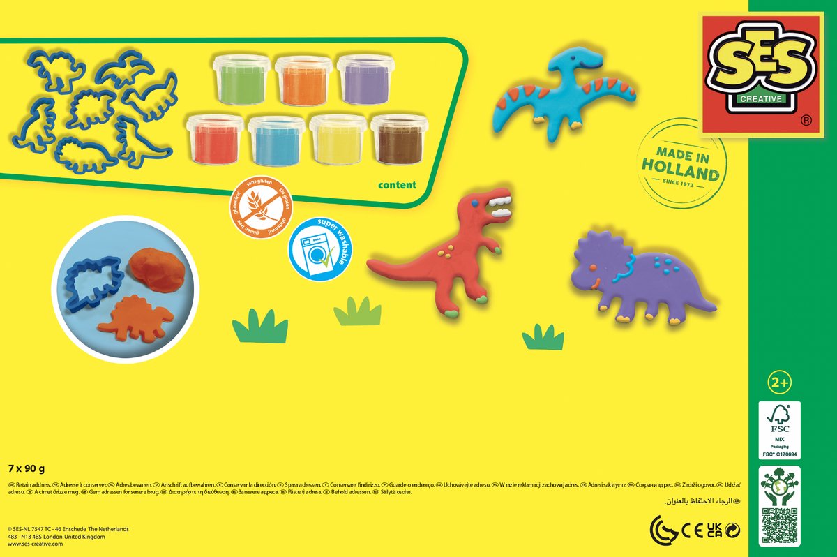 SES Creative - Dino Klei - Mega Set met Kleivormen (7x90g) - Vegan en Glutenvrij - Herbruikbaar - Uitwasbaar - Vanaf 2 jaar — afbeelding 6