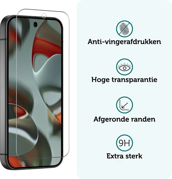 Een screenprotector op een telefoon. "Anti-vingerafdrukken", "Hoge transparantie", "Afgeronde randen", "Extra sterk" met 9H.