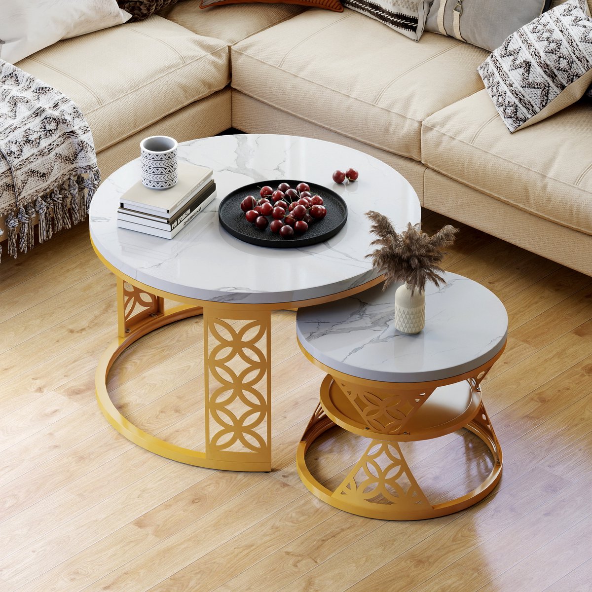 HAUSS SPOLE Rond 2-Delig Salontafelset - Hittebestendig MDF Marmorlook - Woonkamer - Voor Huishoudens - Ruimtebesparend - 70x70x45 & 45x45x37 cm - MDF + Metaal - Wit+Goud