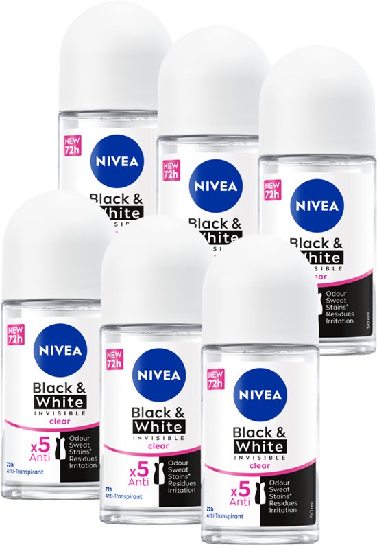 NIVEA Black & White Clear Anti-Transpirant Deo Roller - Geen witte of gele strepen - Deodorant Beschermt 72 uur - Voordeelverpakking - 6 x 50 ml