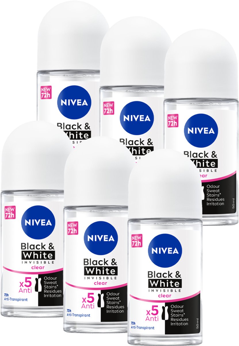 NIVEA Invisible For Black & White Clear - 6 x 50 ml - Voordeelverpakking - Deodorant Roller