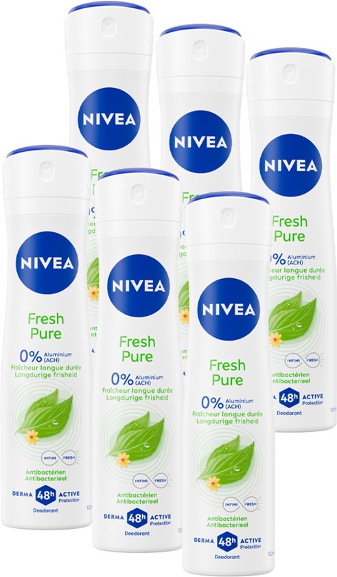 NIVEA Fresh Pure Deodorant Spray - Met Jasmijngeur - Aluminiumvrij - Alcoholvrij - Met Buiflorine - Beschermt 72 uur - Voordeelverpakking - 6 x 150 ml - Voordeelverpakking
