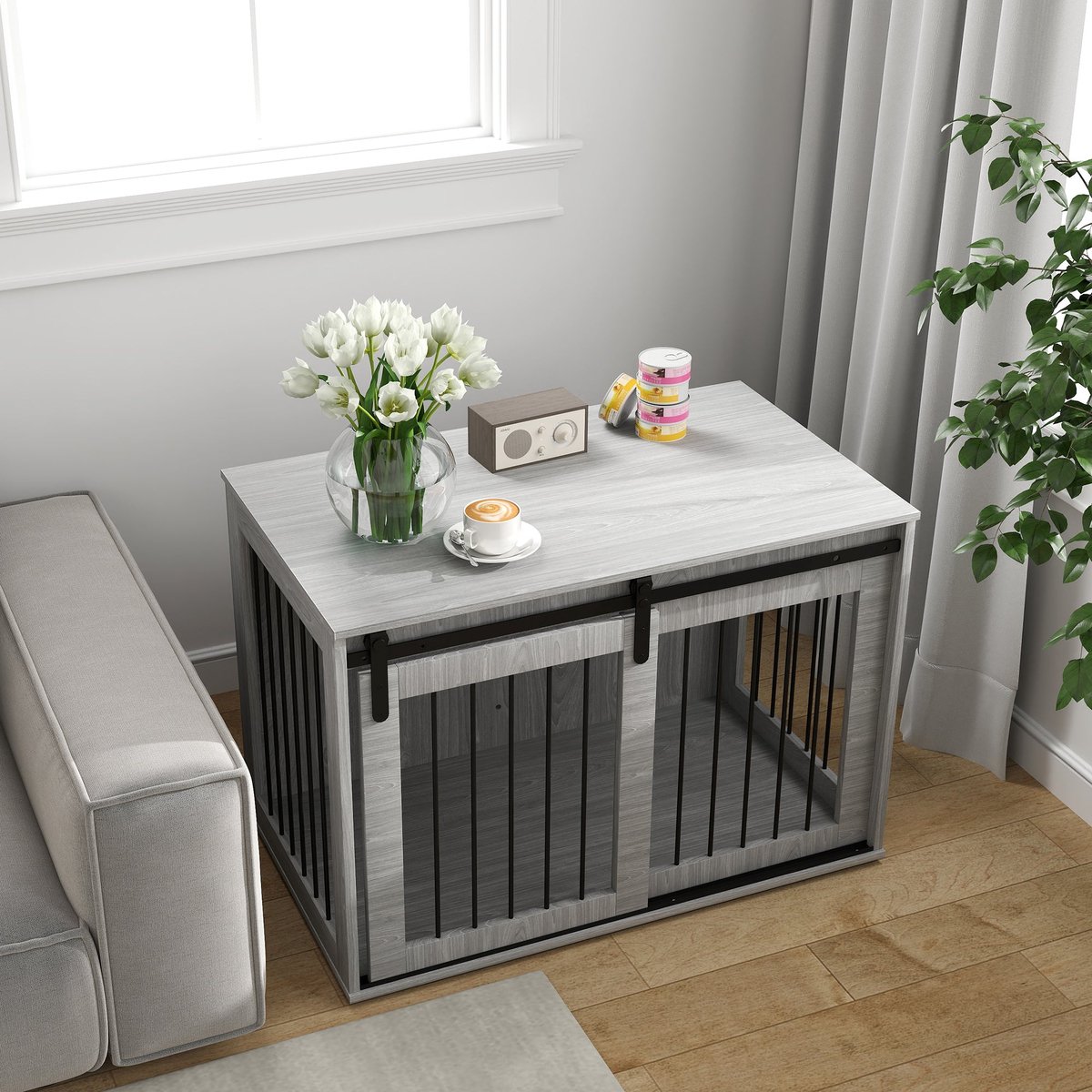 Merax Hondenbench Grijs 98x58x61 cm Voor Grote Hond Met Schuifdeur Binnenbench Afsluitbaar Hondenhuis Meubelstijl