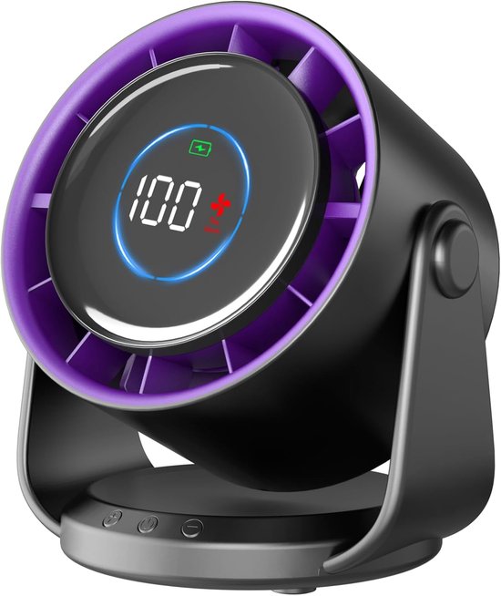 Oplaadbare stille USB tafelventilator 100 snelheden LED-display 7 turbinebladen 115° draaibaar grijs