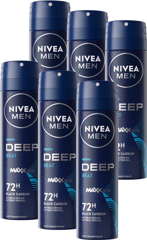 NIVEA MEN Deep Black Carbon Beat Deodorant Spray - 72 uur bescherming – Geur met houttonen - Met zwarte koolstof - Antibacterieel - 6 x 150ml - Voordeelverpakking