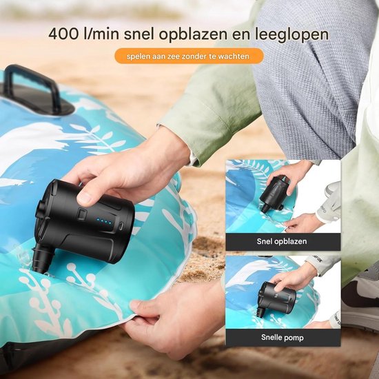 TOVBMUP Luchtpomp - Elektrische luchtpomp - 5200mAh batterij - Oplaadbaar - Met 3 mondstukken - Snel opblazen en leeglopen - Geschikt voor luchtbedden, slaapmatten en zwembaden van TOVBMUP — afbeelding 4