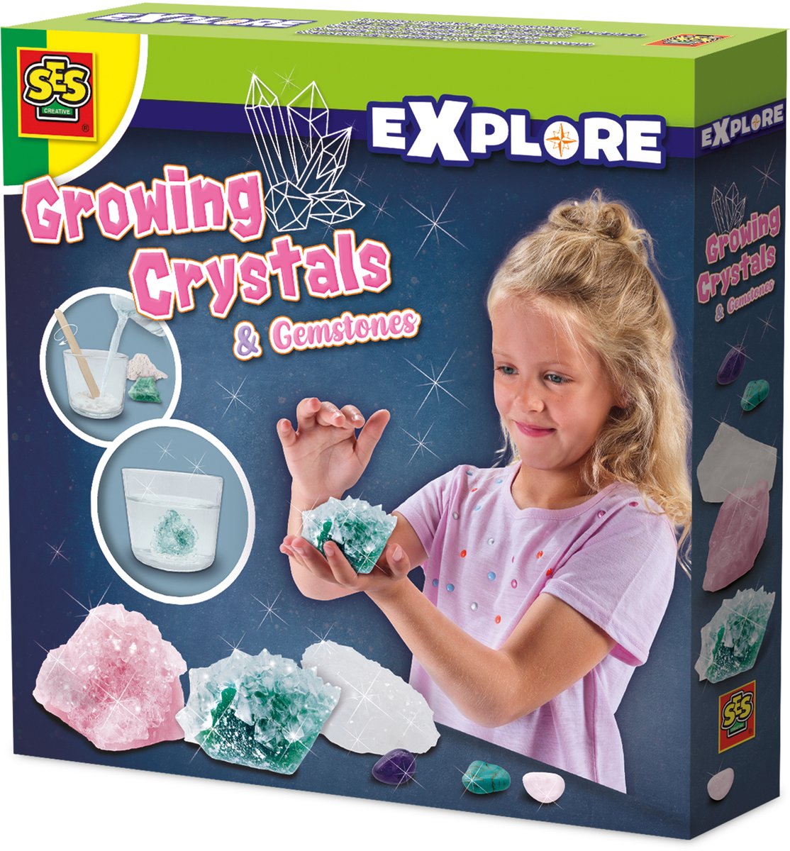 SES - Explore - Kristallen Kweken - Groeiende kristallen en edelstenen - experimenten voor kinderen - 3 stenen om kristallen van te maken - inclusief 3 edelstenen - scheikunde experimenteerset