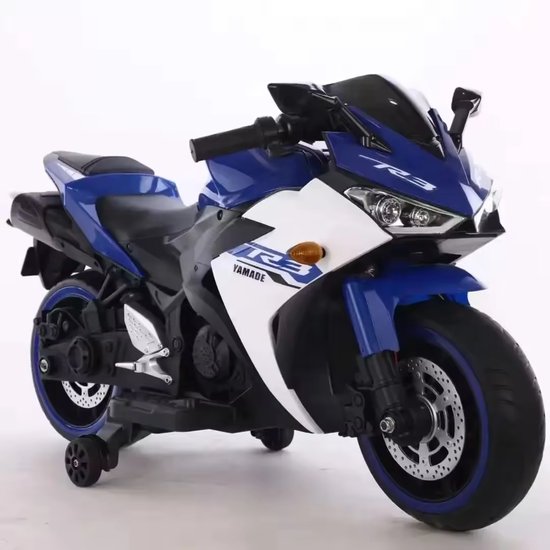 Moto électrique enfant - Moto sport 12V - Avec roues stabilisatrices et son - Lumière LED- 3 à 7 ans - Groot modèle - Blauw