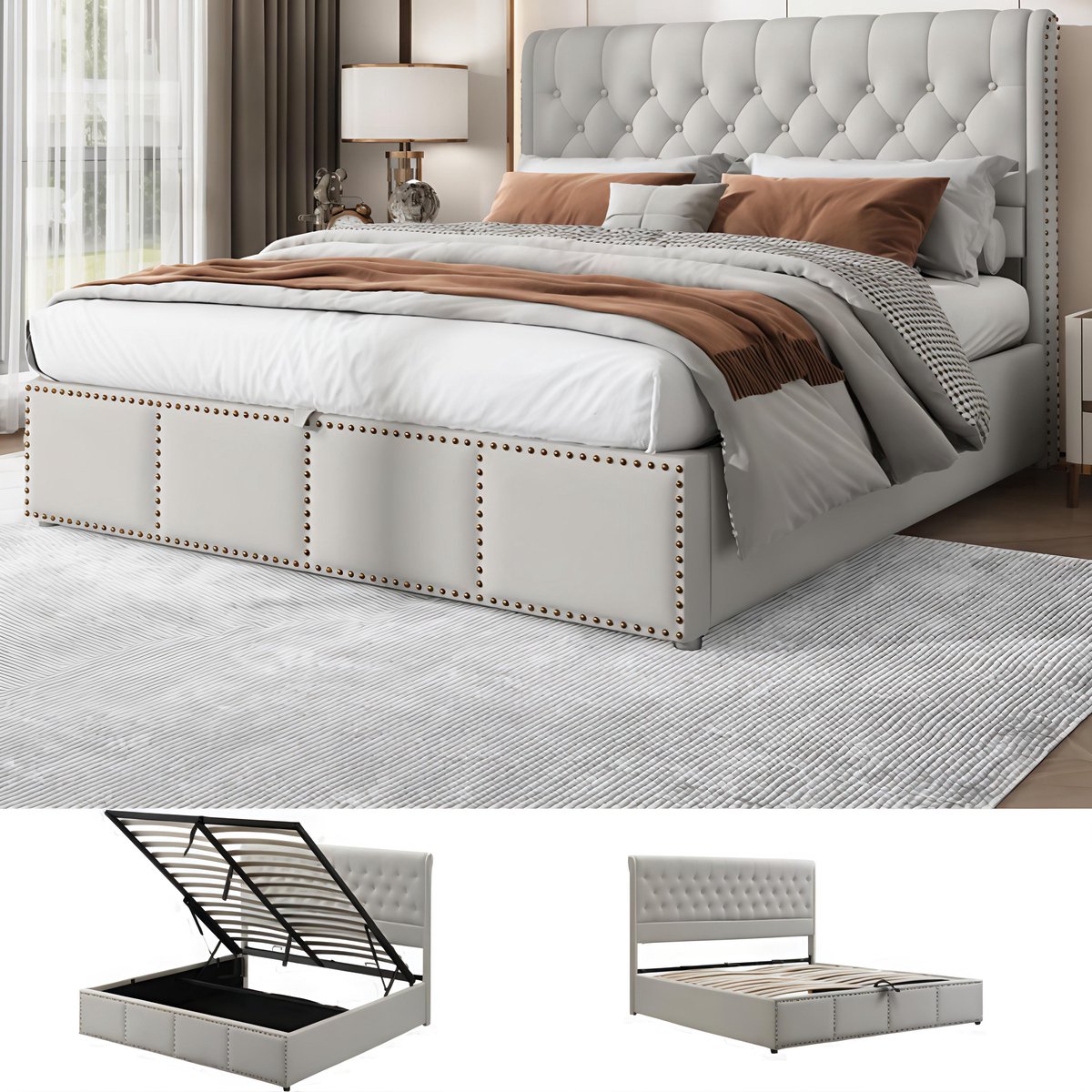 VVBV Opbergbed 180x200 cm volwassen bed Gestoffeerd bed van katoen en linnen met hydraulische hendel, opbergbox, klinknagels, lichtgrijs (zonder matras) gris clair