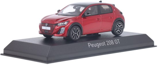 Rode Peugeot 208 GT modelauto met zwart dak, op een zwarte standaard.