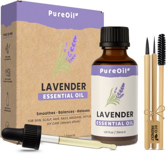 PureOil – Huile essentielle de Lavande – 30 ml – 100 % Puur, naturelle et végétalienne – Huile de lavande pour la peau | Visage | Cuir chevelu | Diffuseurs | Aromathérapie