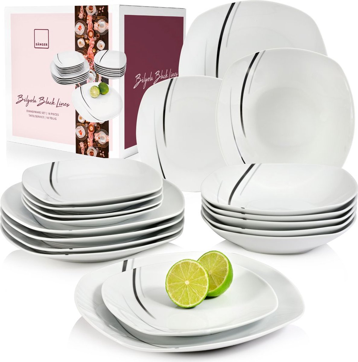 Black Lines Tafelservies van porselein, 18-delige serviesset voor 6 personen, bordenset, vierkant