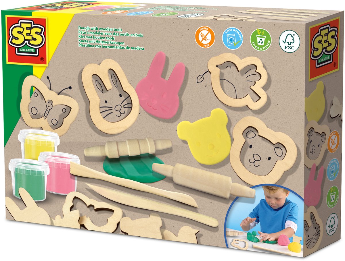 SES - Eco - klei set met houten tools - 3 kleuren klei met houten rollers, klei vormpjes en boetseermessen - makkelijk uitwasbaar