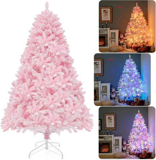 COSTWAY 180 cm kunstroze kerstboom, dennenboom met sneeuw, 8 lichtmodi, kerstboom met kleurrijke lichten en metalen standaard, verlichte feestboom voor thuis, kantoor, winkels, roze
