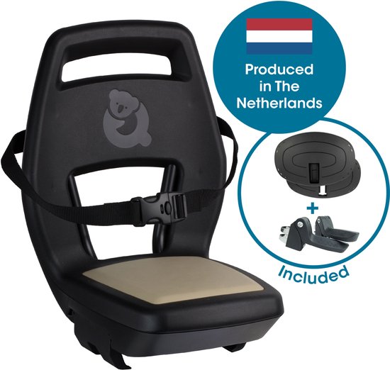 Zwart Qibbel fietsstoeltje met beige zitvlak, riempje en Nederlandse vlag.