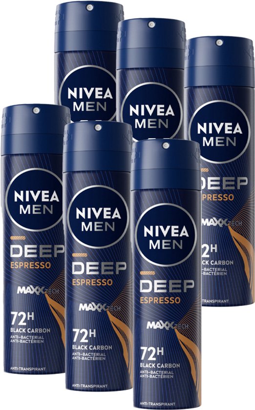 NIVEA MEN Deep Espresso Anti-Transpirant Deodorant Spray - 72u bescherming - Voordeelverpakking - 6 x 150ml