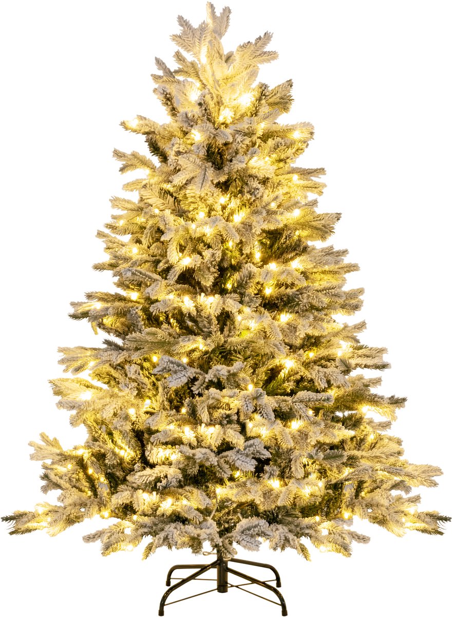 COSTWAY Kunstkerstboom met sneeuw en verlichting, 146 cm dennenboom met 200 warm-witte ledlampen, 688 gemengde takken, kerstboom, kunstboom voor Kerstmis, wit-groen