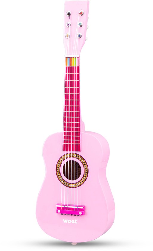 Foto: Woet houten speelgoedgitaar met draagriem roze speelgoedinstrument mijn eerste gitaar inclusief muziekboekje speelgitaar voor kinderen vanaf 3 jaar