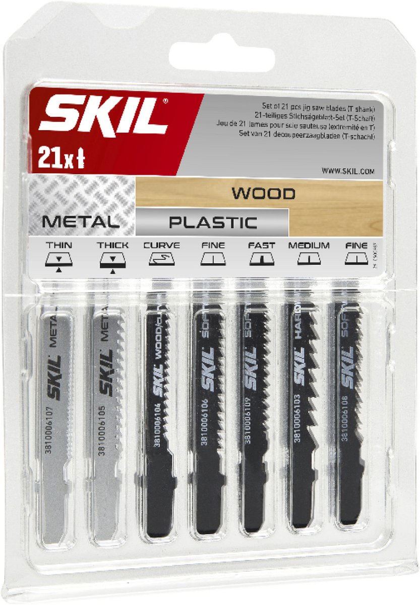 SKIL 21-Delige Decoupeerzaagbladen Voor Decoupeerzaag - Decoupeerzaagset - T-Schacht - Voor Hout, Metaal, Kunststof - Geschikt voor Skil Decoupeerzagen - Skil 2610S00920