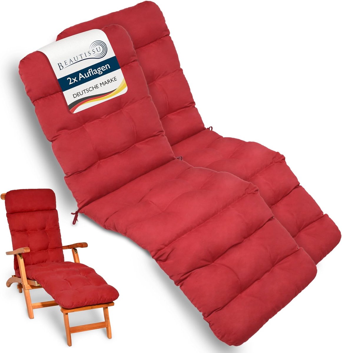 Beautissu 2x Deckchair Kussen 200x50x8 cm - Ligstoelkussen Rood - Matraskussen voor Hangmatten en tuin-/terrasstoelen - Flair DC
