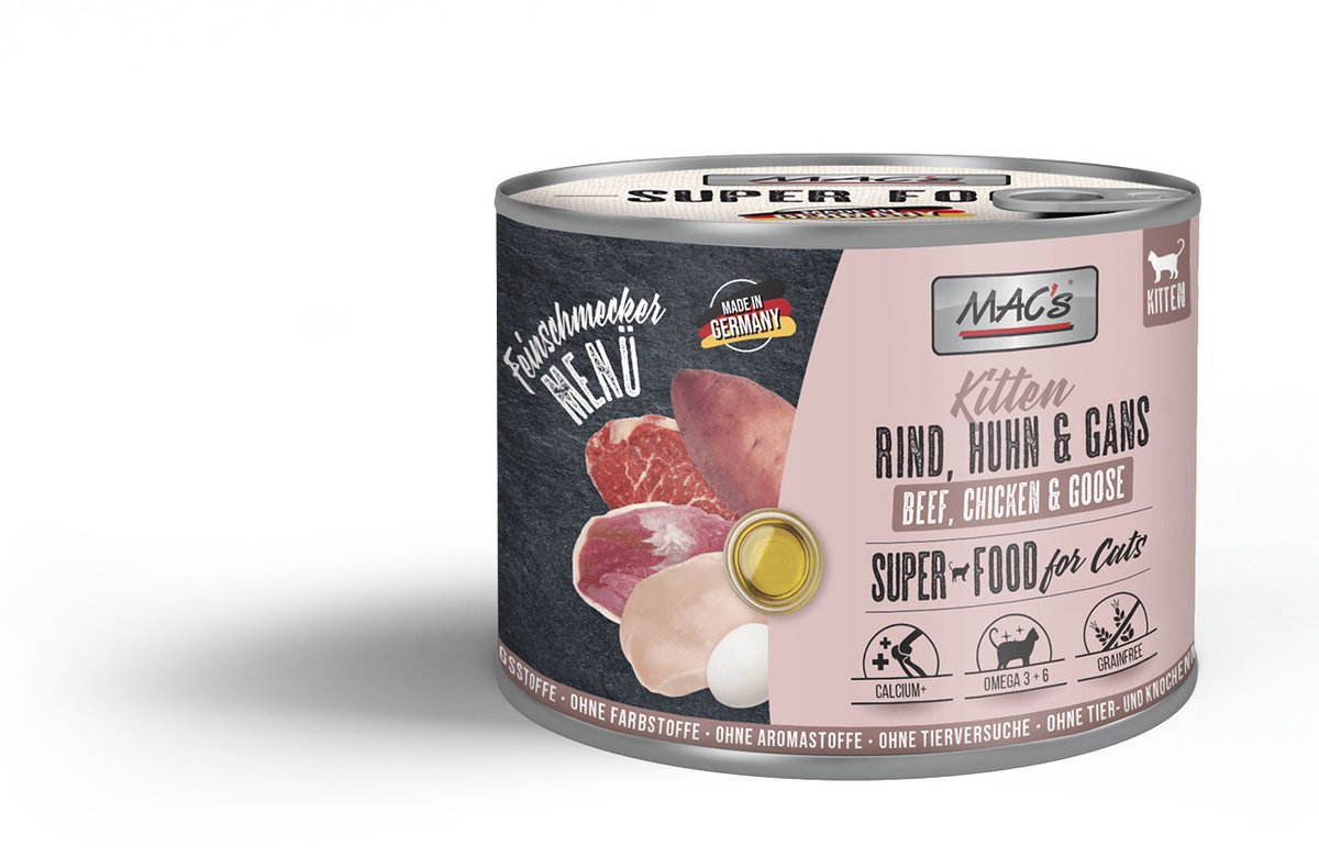 MACs MAC's superfood kittenvoer Fijnproever Natvoer Blik - Rund, Kip & Gans 6x 200g - hoog vers vleesgehalte van 96,6%