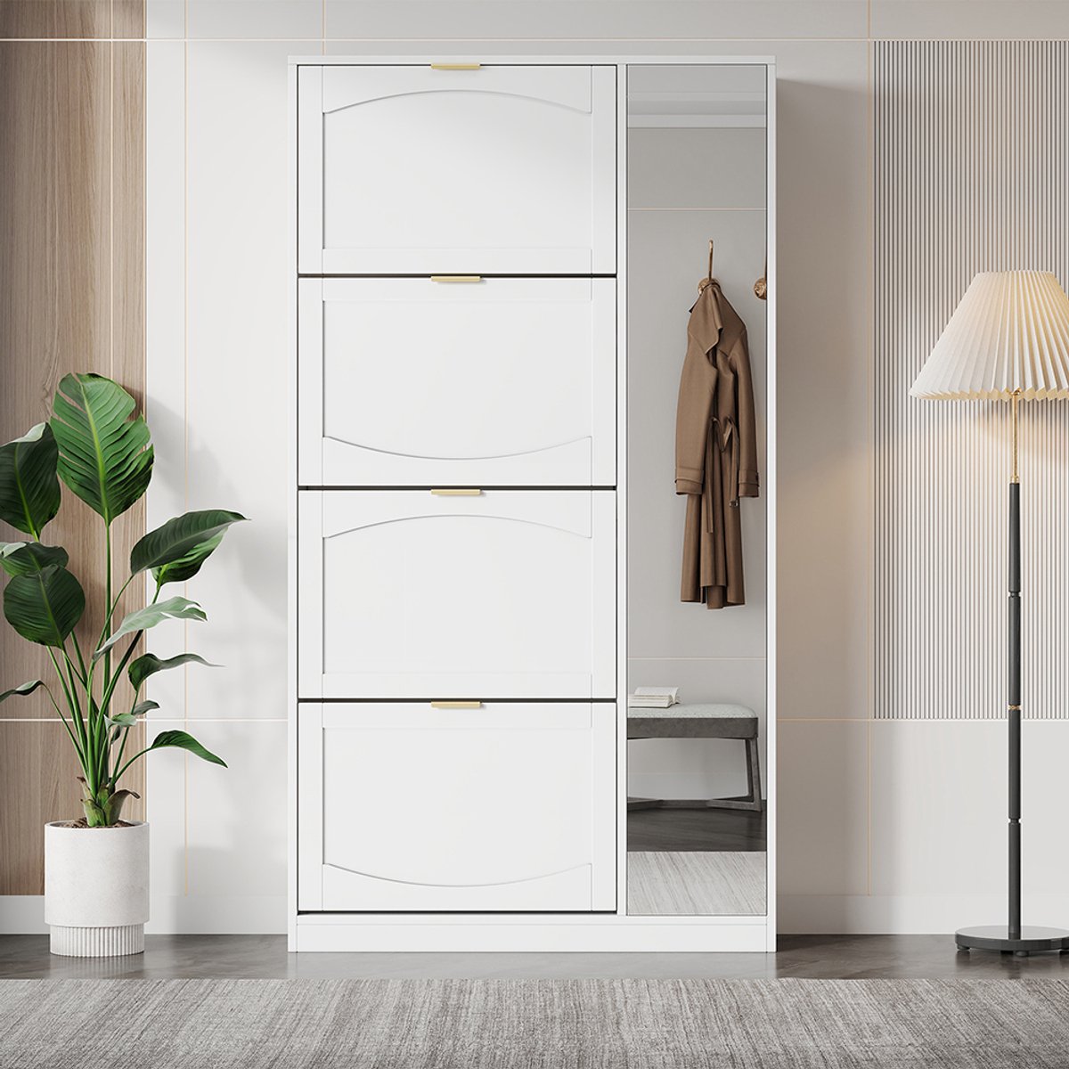 Pugsdrly Moderne schoenenkast met spiegel, 4 neerklapbare opbergvakken, verstelbare plank achter de rechter spiegel, ideaal voor in de gang, wit, afmetingen: L80/H147/P24 cm