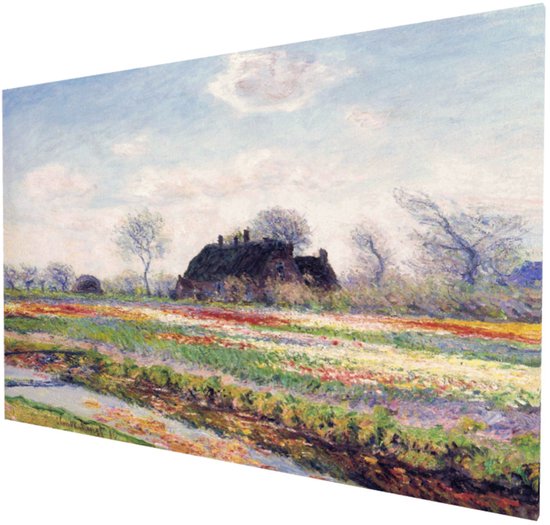 Bloembollenvelden bij Sassenheim - Claude Monet in Holland Schilderij - Boerderij en Tulpenvelden - Holland van Vroeger Print op Katoenen Canvas Doek - 90x60 cm