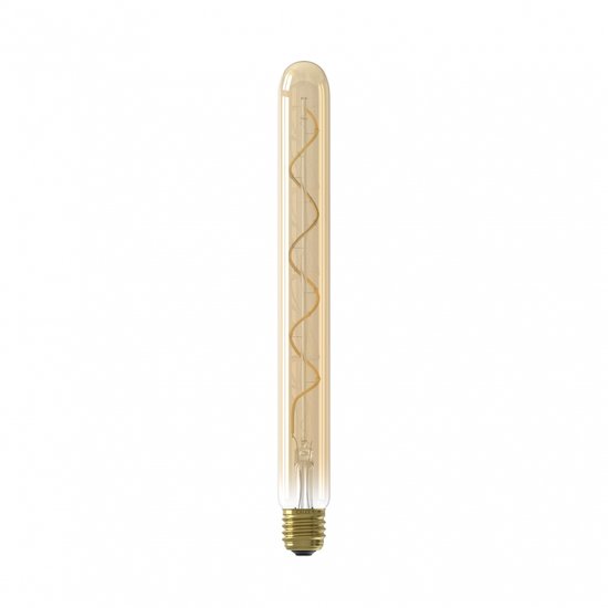 Lange, cilindervormige Goudkleurige LED-lamp met zichtbare spiraalvormige filamenten en E27-fitting.