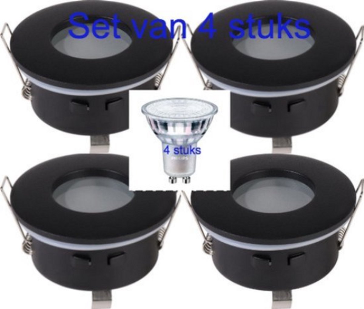 Badkamerspot LED Zwarte Inbouwspot – Set van 4 – Zwart – Philips GU10 Dimbaar – Badkamerlicht 2700K Zeer Warm Wit – IP65 inbouwspot - Sparing Ø75 mm - Buitenmaat Ø82 mm.