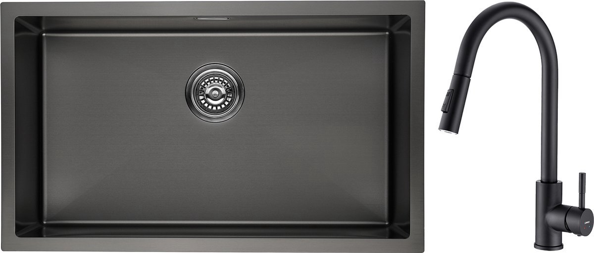 Lonheo max 74x44 Spoelbak Keuken - Met keukenkraan met uittrekbare uitloop - Onderbouwspoelbak in 304 RVS - Geborstelde Keuken Gootsteen - Spoelbak Met Afdruipgedeelte - Antraciet