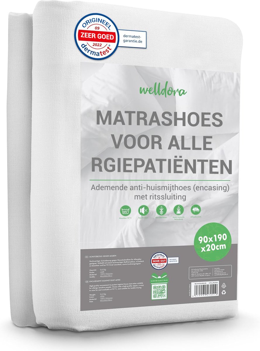 Welldora Premium Anti-Allergie Matrashoes 90x190x20 cm met Rits | Getest Encasing Tegen Huisstofmijt | Oeko-Tex Gecertificeerd | Matras Hoes Wasbaar tot 95°C | Voor Allergieën en gevoelige Huid | Anti-Mijt Beddengoed voor Matrasbescherming