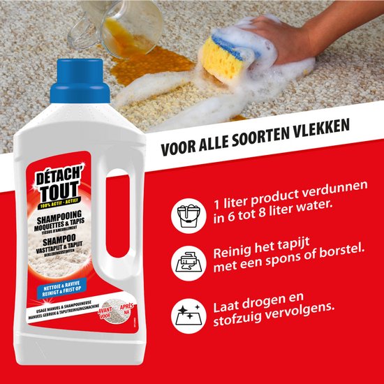 Witte fles met blauwe dop naast een bevlekte vloerbedekking, met instructies voor gebruik.