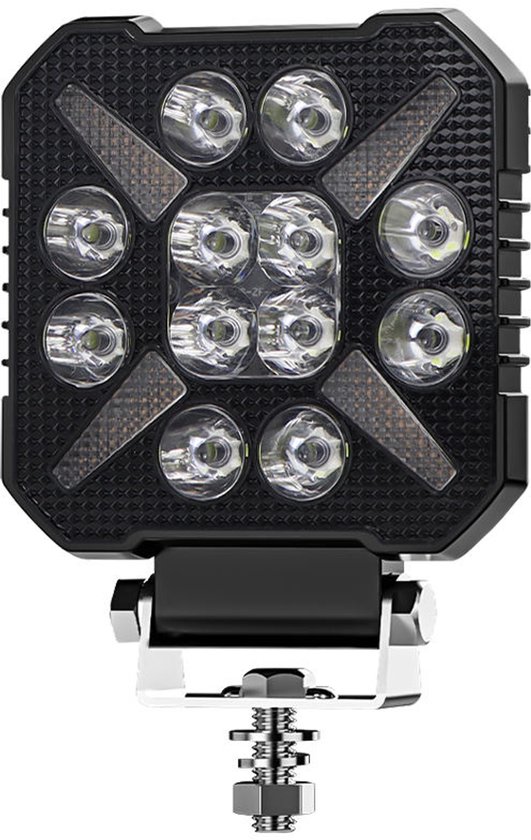 Zwarte vierkante LED werklamp met 12 witte LED's, gele knipperlichten en een metalen beugel.
