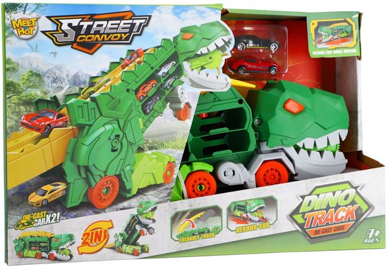KiddyGo transporter dino speelgoed met 2 diecast auto's en racebaan.