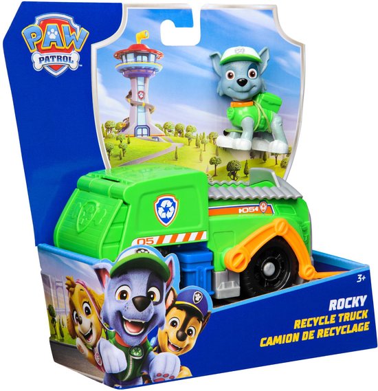 Groene PAW Patrol Rocky vuilniswagen met figuur in verpakking. Inclusief Rocky figuur en recycling truck.