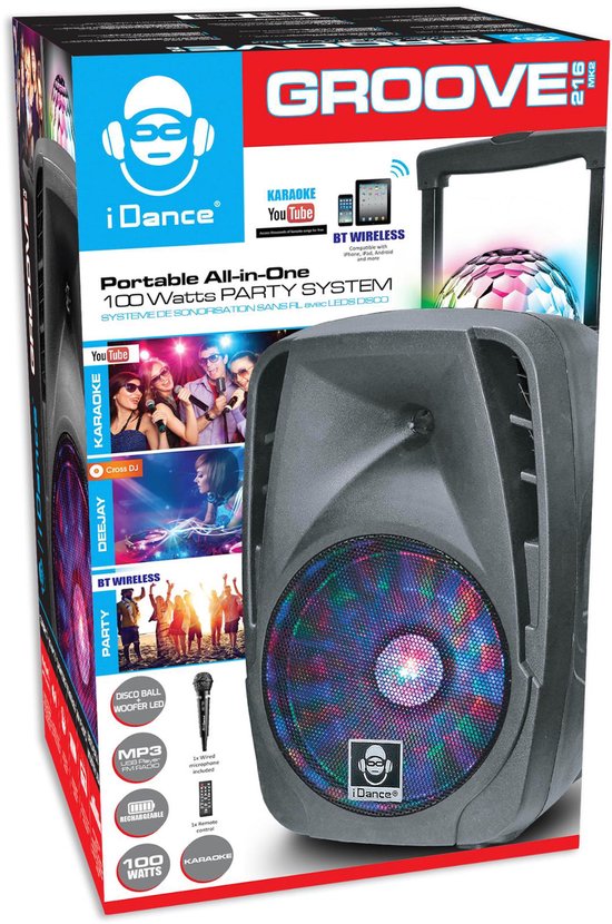 iDance Groove216MK2 Draadloze Party Speaker 100W Bluetooth FM Radio Discobal LED Microfoon Afstandsbediening