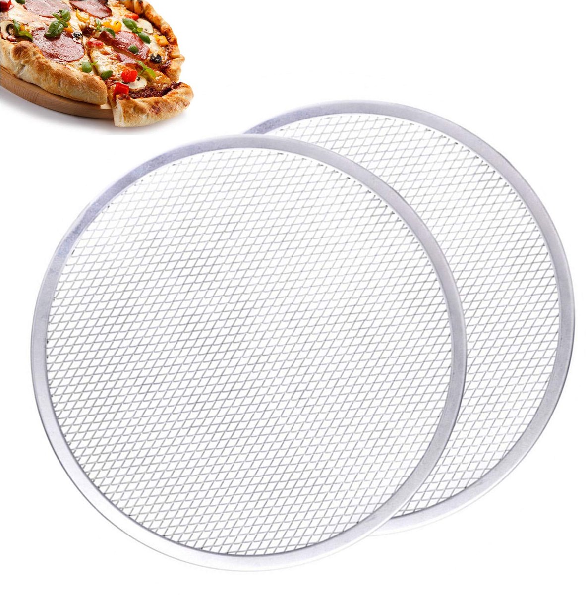 2 stuks Pizzarooster - Geperforeerde pizzapan - Pizzagrill - Aluminium pizzabakrooster - Pizzavorm - Ronde pizzapan - Geschikt voor verse en diepvriespizza, bakken van brood of taart in of buiten de oven - 33 cm, zilver