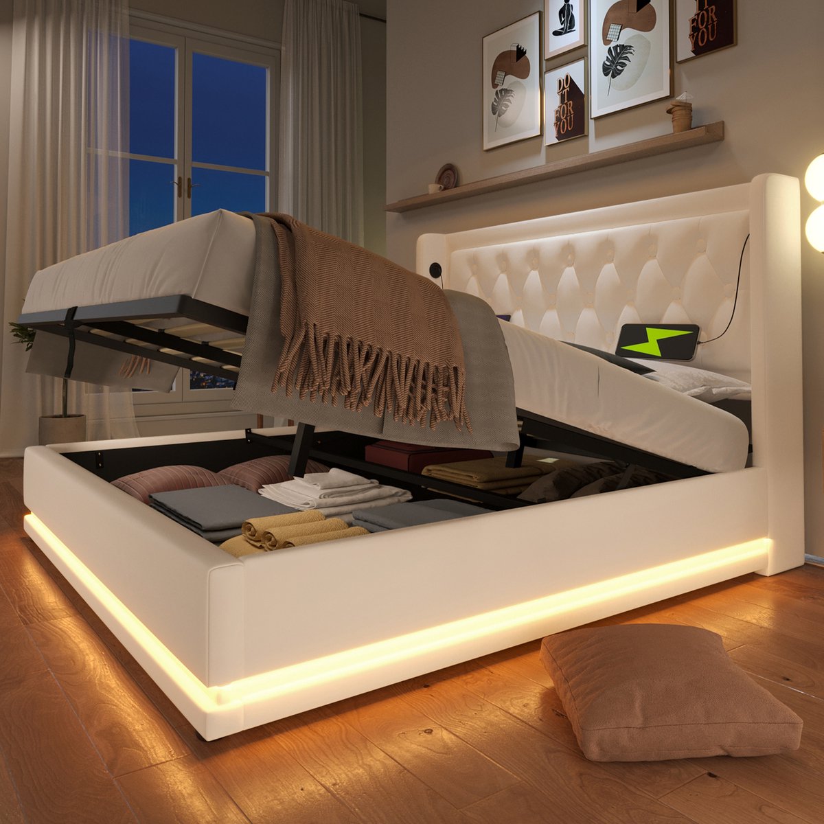 Merax Gestoffeerd bed tweepersoonsbed 160x200 cm met USB Type-C opladen met LED-verlichting zonder matras - wit - PU