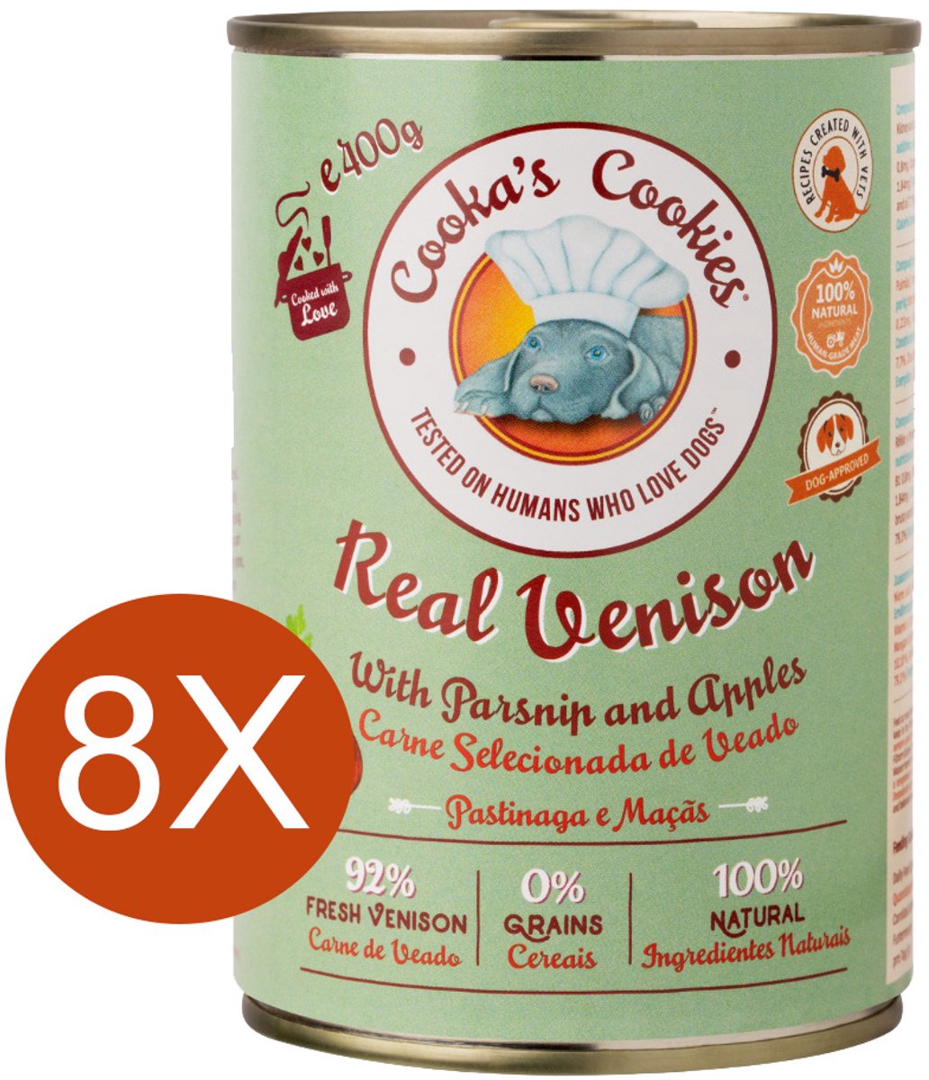 cooka's cookies Cooka's Cookies Real Venison (hertenpaté met pastinaak en appel) Hondenvoer - Natvoer - geen toevoegingen, geen conserveermiddelen, alleen eerlijke ingrediënten - meer dan 92% vers bereid hertenvlees 8x400gr