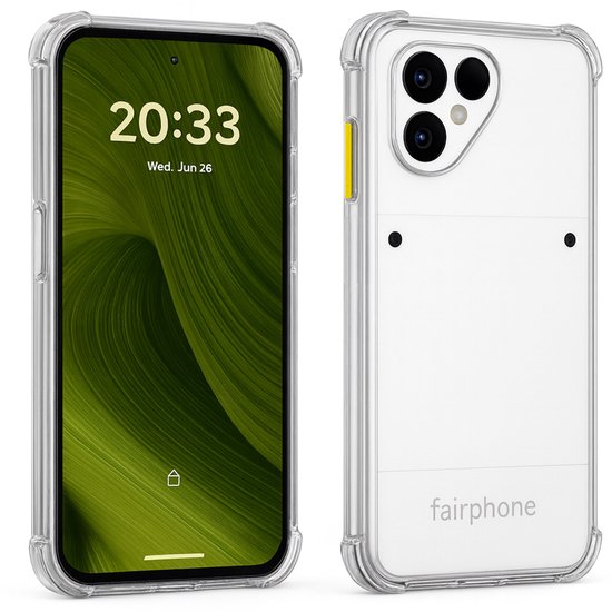Coque transparente autour d'un Fairphone 4 blanc, avec écran à l'avant et caméra à l'arrière.