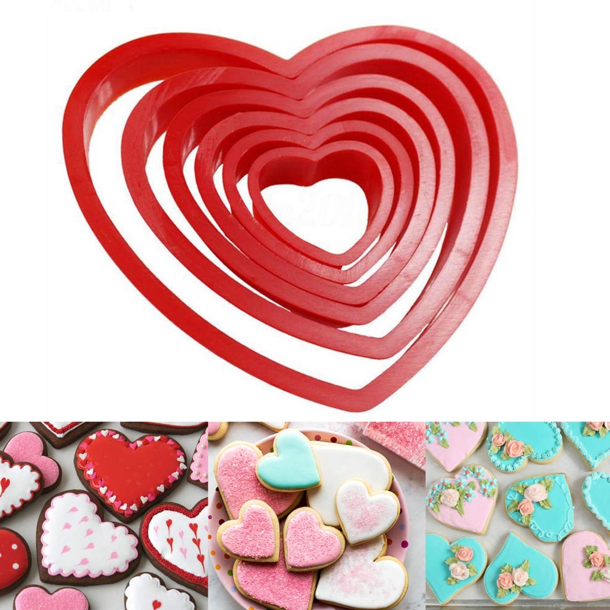 6 stuks hartvormige koekjesvormpjes - kunststof hartvormige koekjesvormpjes voor Valentijnsdag - afmeting van 2,5-8,5 cm