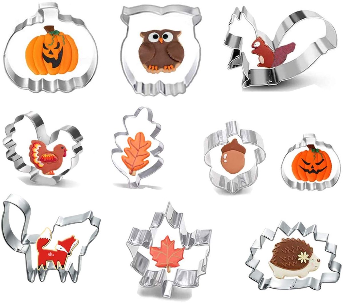 Herfstkoekjesvormpjes, pompoenkoekjesvormpjes met gezichtje, bladkoekjesvormpjes, roestvrijstalen koekjesvormpjesset voor kinderen Thanksgiving, pompoen, esdoornblad, eekhoorn (A)