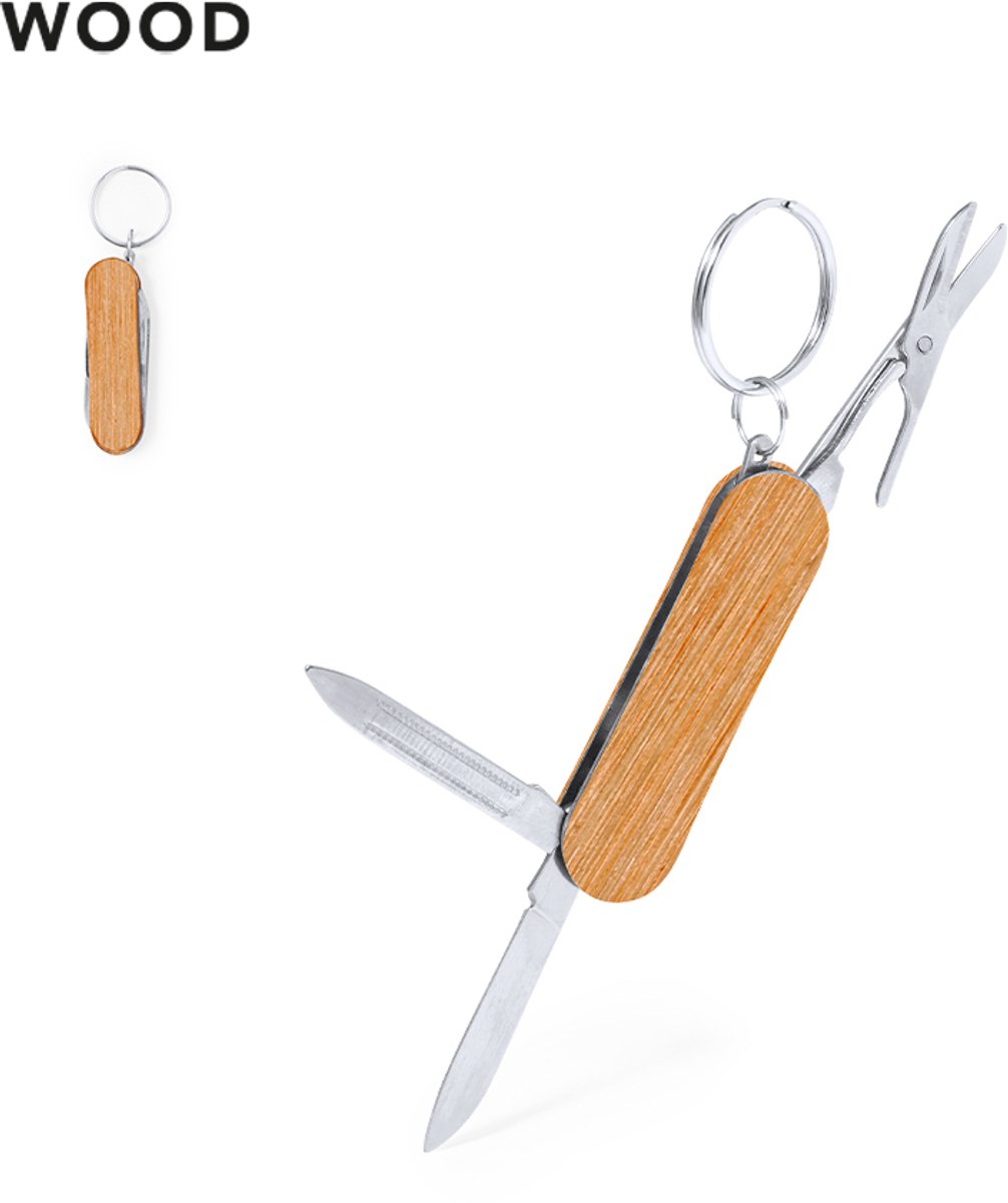 2 Multitool sleutelhangers 3 functies gemaakt van hout en RVS model Famke. Geschikt voor lasertechniek