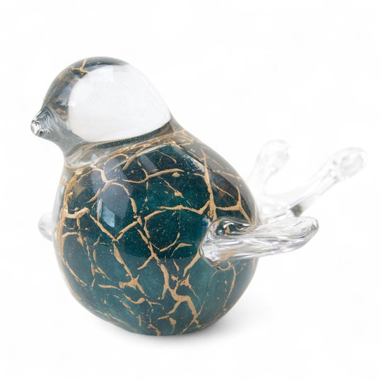 Glazen vogel met groene body, bladgoud details, witte kop, glazen vleugels.