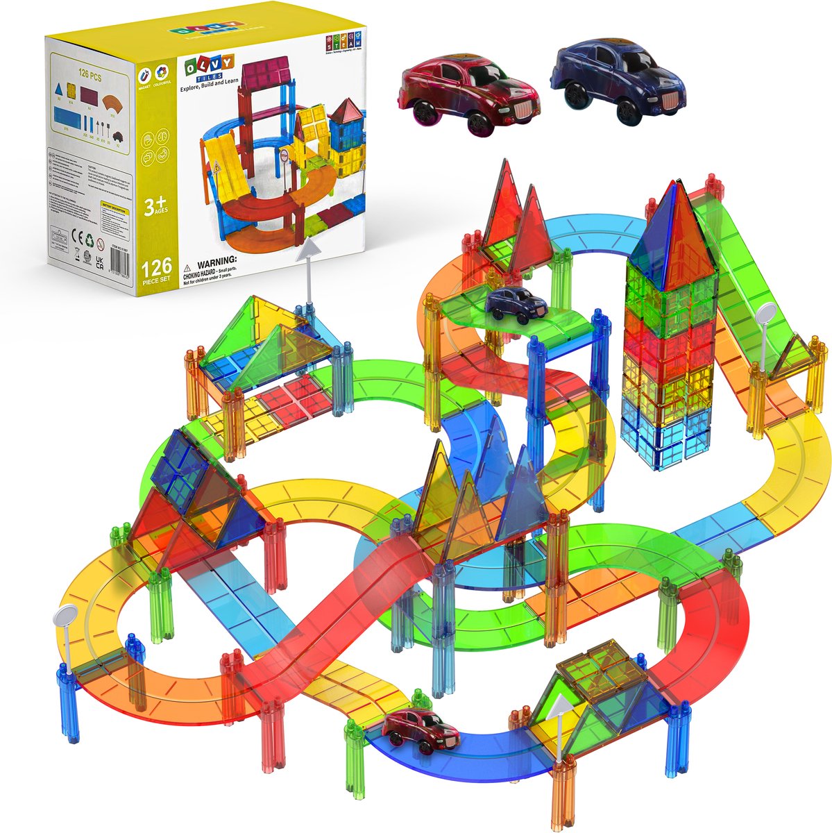 Magnetic Tiles Racebaan - 126 Stuks - Zelfrijdende Auto's - Speelgoed - Magnetische Tegels - Educatief & Constructie - Montessori - Bouwstenen - Bouwblokken - Voor 3, 4, 5, 6, 7, 8, 9 Jaar - Bouw je Magna Wereld - Kinderen - Olvy