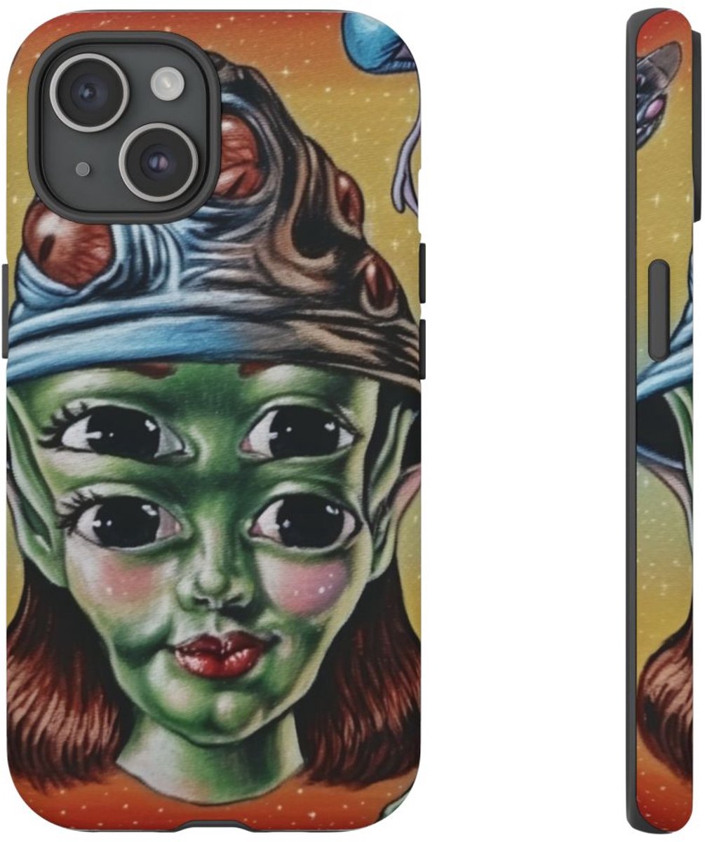 Vierogige Alien met Kosmische Elementen – Telefoonhoesje Geschikt voor iPhone 15