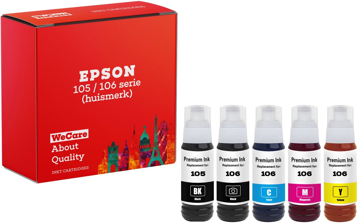 Image of 5-pack | Inkt Geschikt voor Epson EcoTank 105/106 | Multipack van 5x Inktflessen - Geschikt voor Epson EcoTank Printer ET-7700 en ET-7750