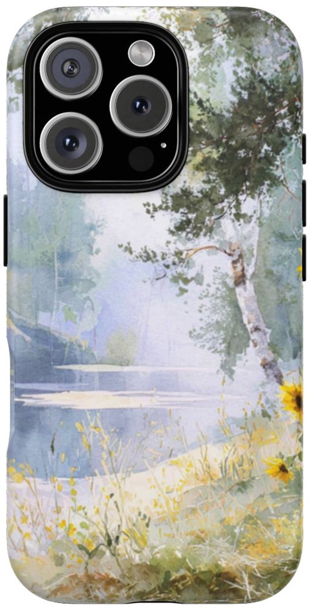 Gele Zonnebloemen bij een Bosmeer – Telefoonhoesje Geschikt voor iPhone 16 Pro