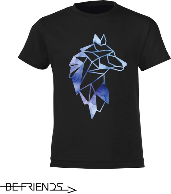 Zwart kindershirt met geometrische wolfkop in blauwe en paarse watercolor print.
